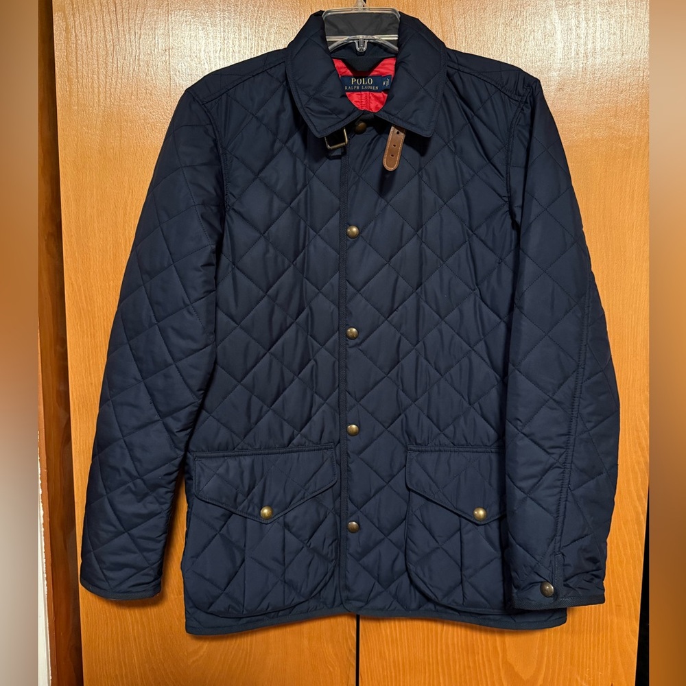 Polo by Ralph Lauren Dark Blue Quilted w/Leather trim Barn Jacket Sz Med